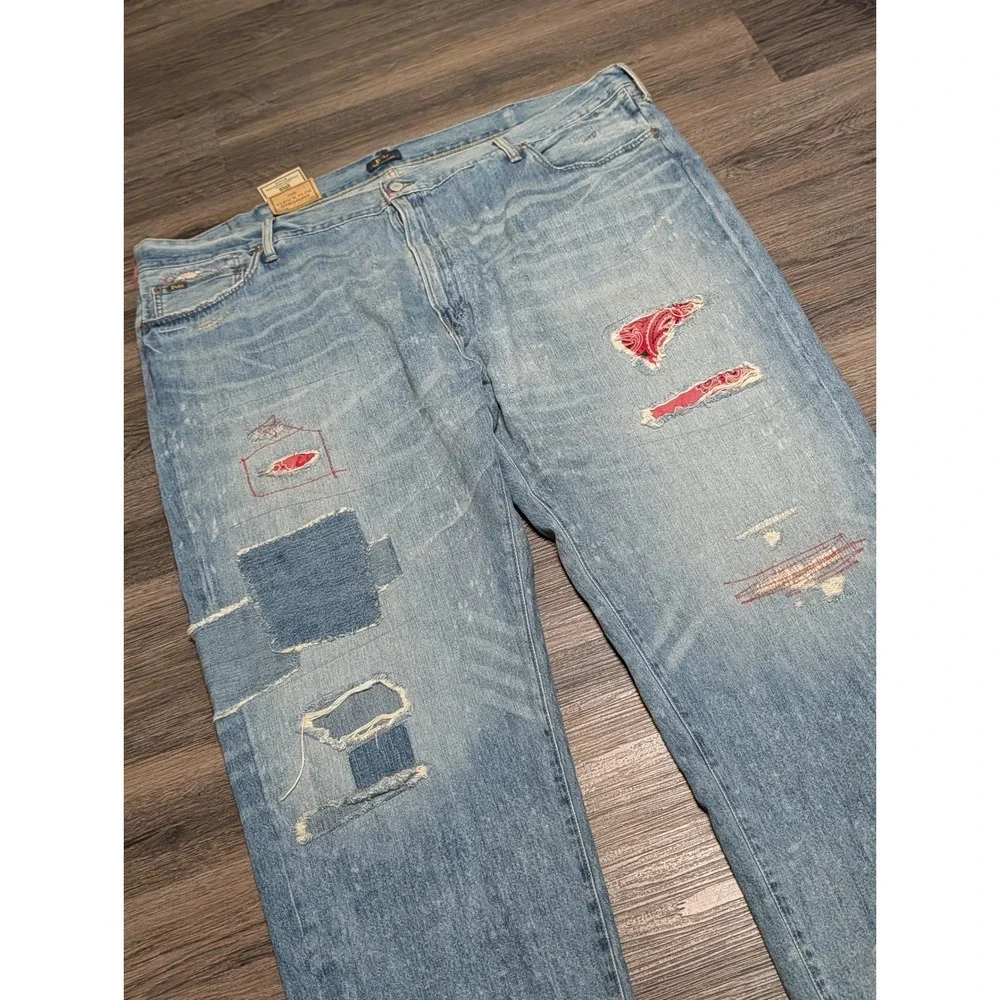 Polo Ralph Lauren Varick Slim Straight Patchwork Bandana Distressed Jeans 50Bx30